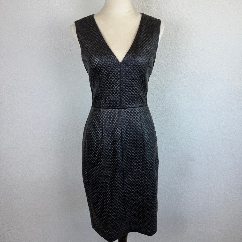 BCBGMAXAZRIA Livie Black Quilted Faux Vegan Leather Sleeveless Dress V Neck